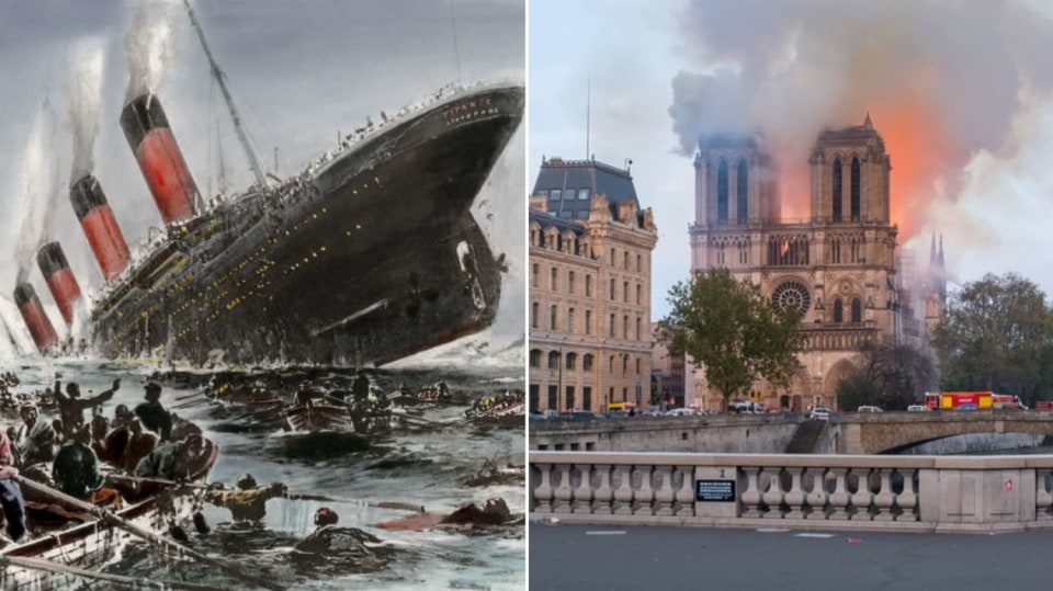 Rytina Potopení Titanicu od Willyho Stöwera / Hořící Notre-Dame